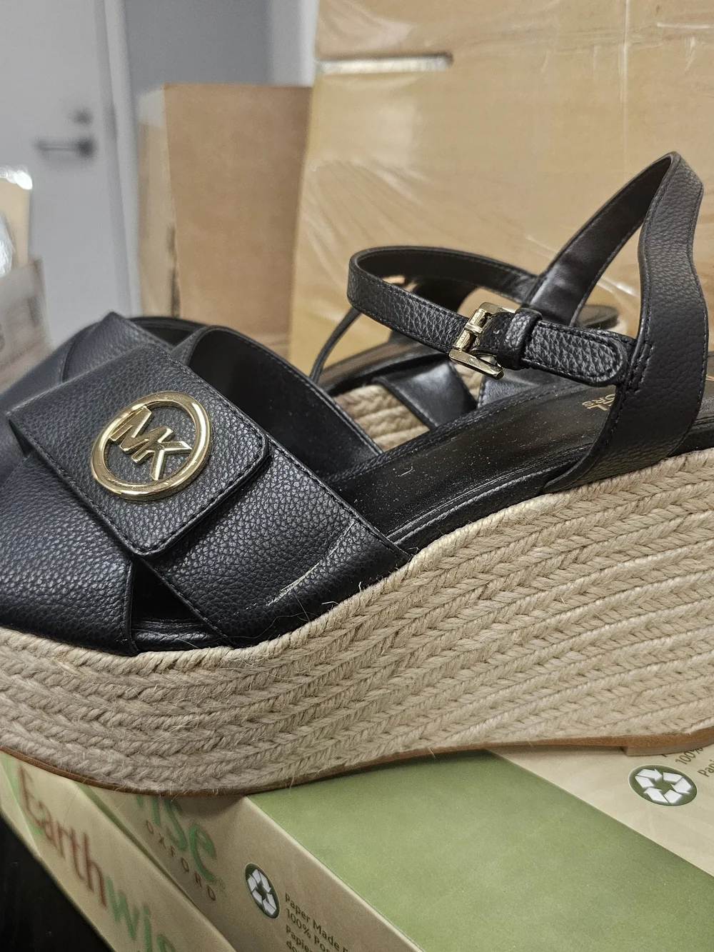 Michael Kors Black Leather Logo Espadrille Wedge Sandals